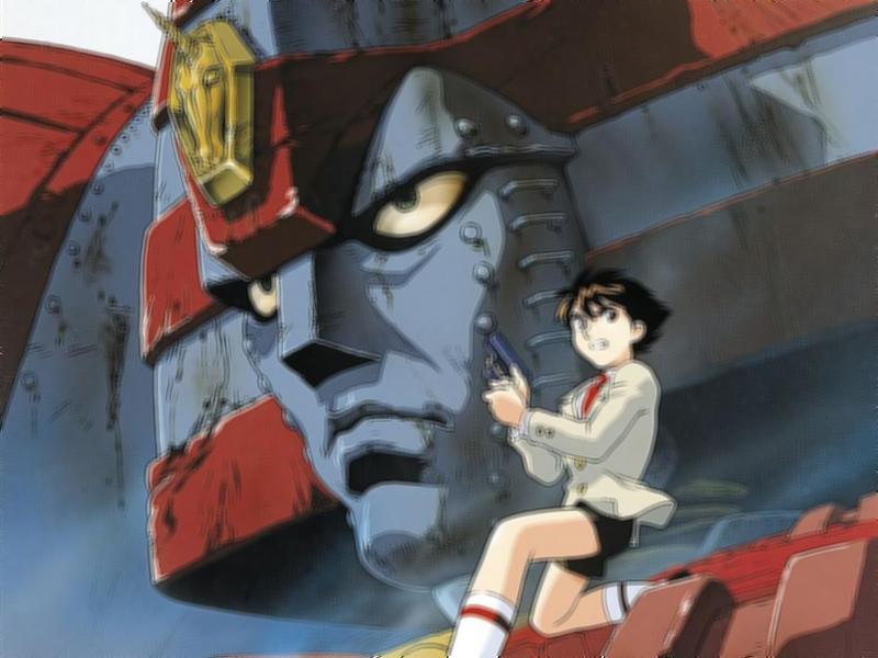 Personagem de anime sentado ao lado de um robô gigante em um campo de ia  generativa